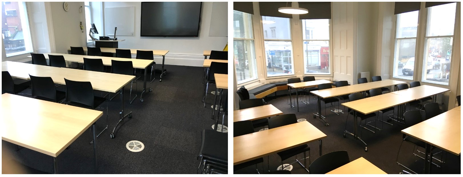 Rows of tables and chairs facing the teaching wall